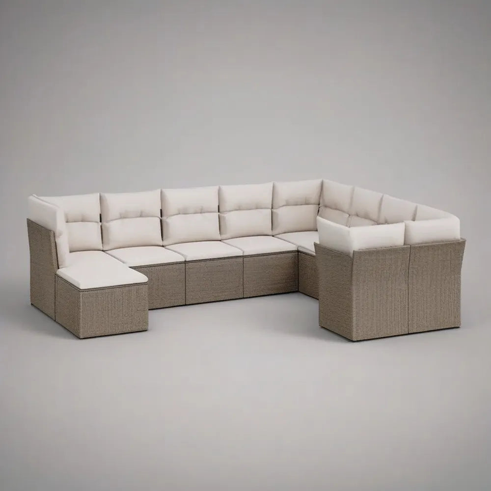 Sofa ogrodowa, Modułowa kanapa ogrodowa w szarym rattanie syntetycznym z beżowymi poduszkami 320 x 90 x 75 cm