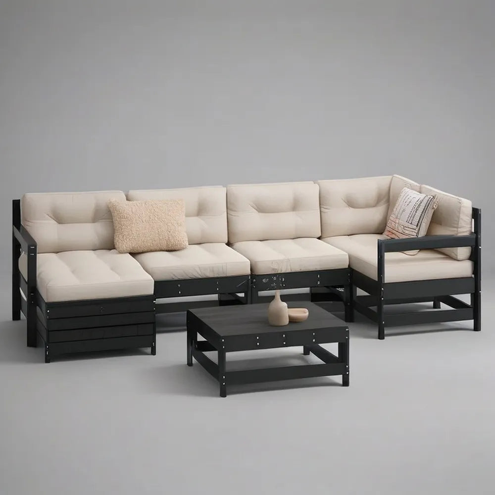 Sofa ogrodowa, Modułowa sofa ogrodowa 300 x 90 x 75 cm w czarnym drewnie z beżowymi poduszkami i stołem do pasowania