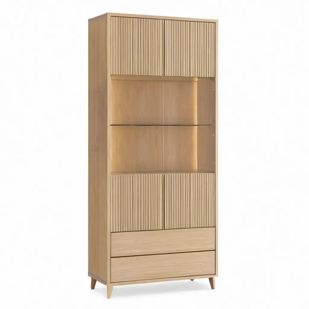 Kredens, Weterana wysoka 90 x 40 x 190 cm w dębie fornirowanym MDF ze szkłem i drzwiami kanałowymi LED