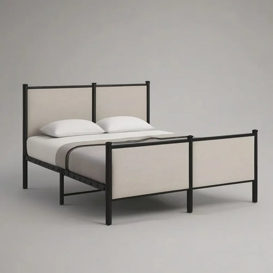Łóżko podwójne 160 x 200 cm w czarny metalu z beżowym wyściełanym deską zagłówkową