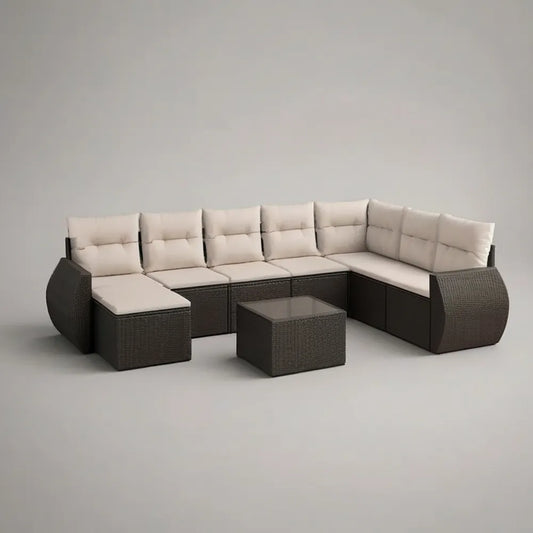 Sofa ogrodowa, Rożna sofa ogrodowa 300 x 250 cm w brązowym rattanie syntetycznym ze stołem i beżowymi poduszkami