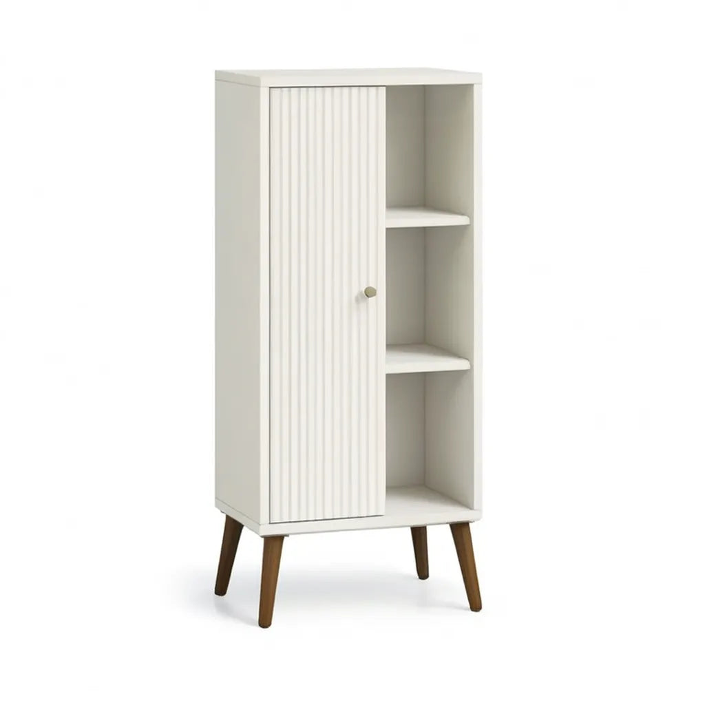 Kredens, Wysoka boczna deska z drzwiami przesuwanymi 60 x 35 x 120 cm w kolorze białym MDF z litymi nogami z drewna