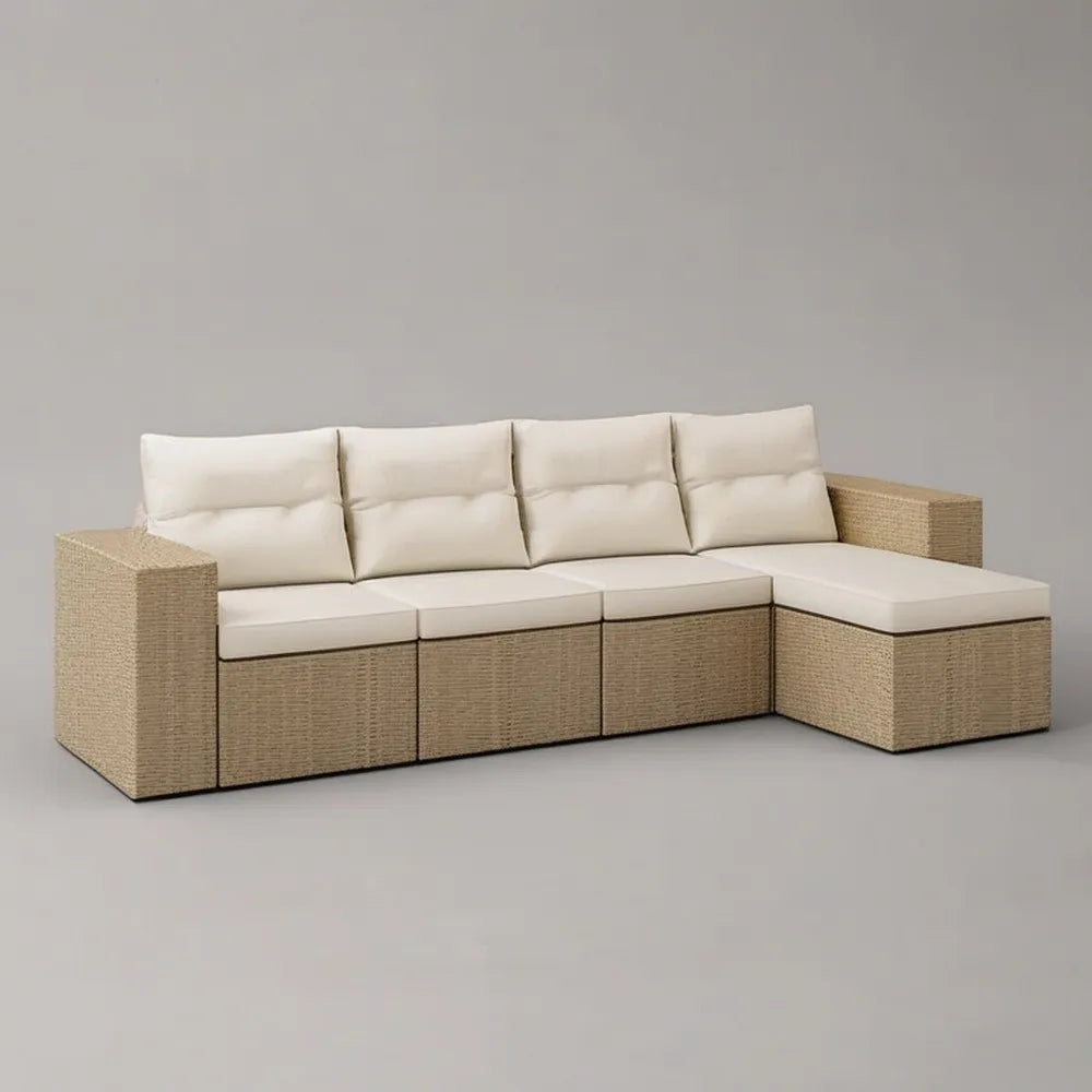 Sofa ogrodowa, Modułowa kanapa ogrodowa 300 x 90 x 75 cm w syntetycznym beżowym rattanie z białą poduszką