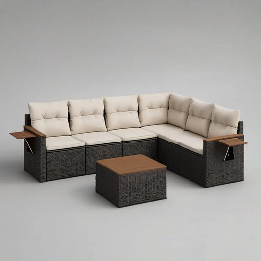 Sofa ogrodowa, Zestaw modułowy narożnik kanapa ogrodowa 7 miejsc w czarnym syntetyczny rattan z beżowych poduszki i brązowy drewniany stół
