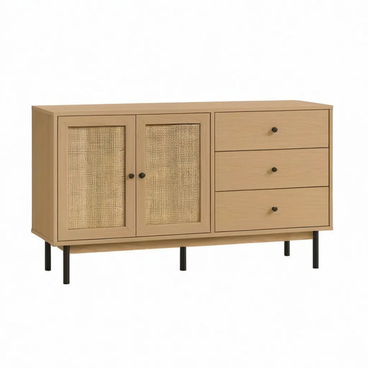 Kredens, Pas z 2 drzwiami i 3 szufladami w MDF skutkuje dębem i rattanem naturalnym 120 x 40 x 80 cm beżowym