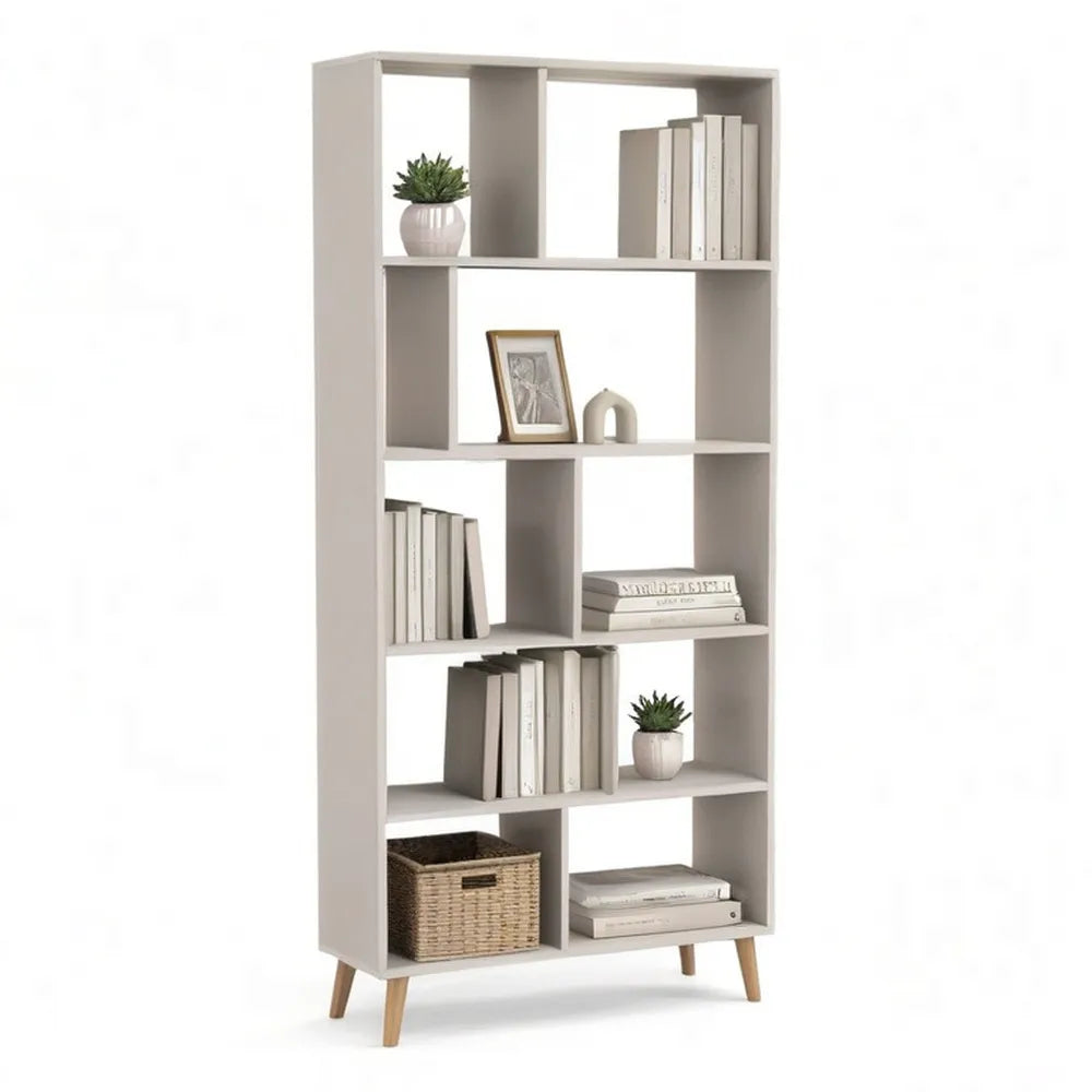 Regał, 80 x 30 x 180 cm biała biblioteka z 10 niszami i drewnianymi nóżkami