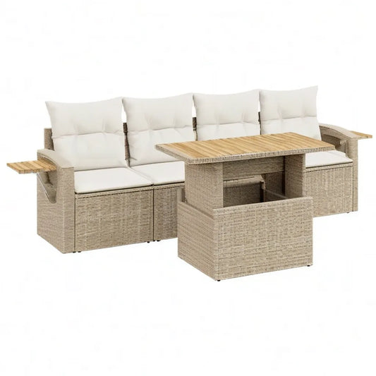 Sofa ogrodowa, Zestaw 4 kanapy ogrodowe z regulowanym stołem w beżowym polirattanie i poduszek kremowych 253 x 75 x 88 cm