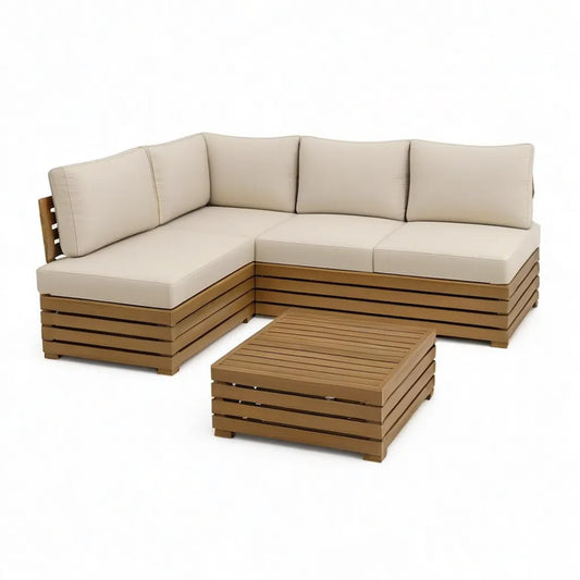 Sofa ogrodowa, Zestaw narożnej sofy ogrodowej z stołem 220 x 220 cm w litym drewnie beżowym i brązowym akacją