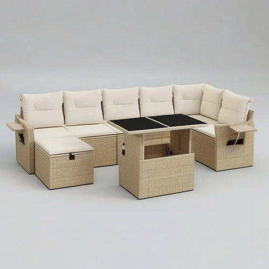 Sofa ogrodowa, Zestaw modułowy narożna kanapa ogrodowa w syntetycznym beżowym rattanie ze stołem i poduszkami 330 x 220 x 70 cm