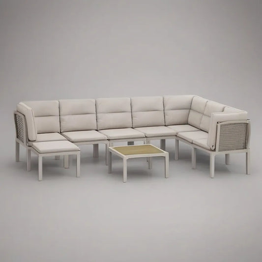 Sofa ogrodowa, Modułowa sofa ogrodowa 350 x 90 x 75 cm w białym aluminium z beżowymi poduszkami i dopasowanym stołem