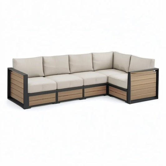 Sofa ogrodowa, Kanapa ogrodowa narożna 5 foteli 280 x 210 x 75 cm w kolorze aluminiowym i akacji beżowej i czarnym