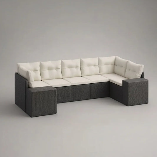 Sofa ogrodowa, Modułowa sofa ogrodowa 300 x 90 x 75 cm w syntetycznej szarej rattanie z beżowymi poduszkami